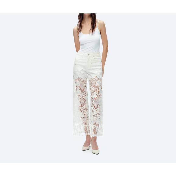 NEW BAYEAS embellished lace contrast wide leg jeans in white - Picture 1 of 7
